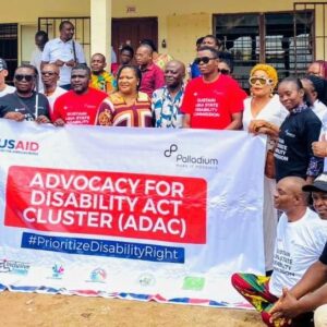 Left to Right- Chairman Abia State, Joint National Association of Persons with Disabilities Mr Wisdom Kalu , Program Manager Advocacy for Disability Act Clustre Mr Moses Oluwaseyi, Director of Sports Abia State Ministry for Sports and Youth Development. Mrs MBA Ifeoma, Acting Perm. Sec. Ministry of Sports and Youth Development Mr. Nwosu Temple And Chairman Abia State Disability Commission Mr El-Dad Monu during the Abia State Disability Sensitization Rally in Abia State at the weekend.