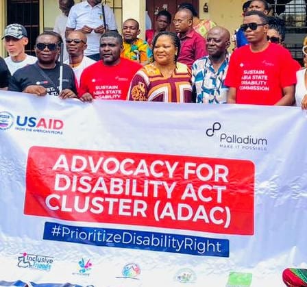 Left to Right- Chairman Abia State, Joint National Association of Persons with Disabilities Mr Wisdom Kalu , Program Manager Advocacy for Disability Act Clustre Mr Moses Oluwaseyi, Director of Sports Abia State Ministry for Sports and Youth Development. Mrs MBA Ifeoma, Acting Perm. Sec. Ministry of Sports and Youth Development Mr. Nwosu Temple And Chairman Abia State Disability Commission Mr El-Dad Monu during the Abia State Disability Sensitization Rally in Abia State at the weekend.